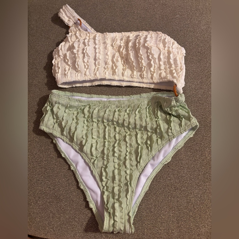 Cream and Green Textured Bikini Set